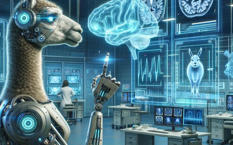 A cyborg Llama analysing a brain scan.
