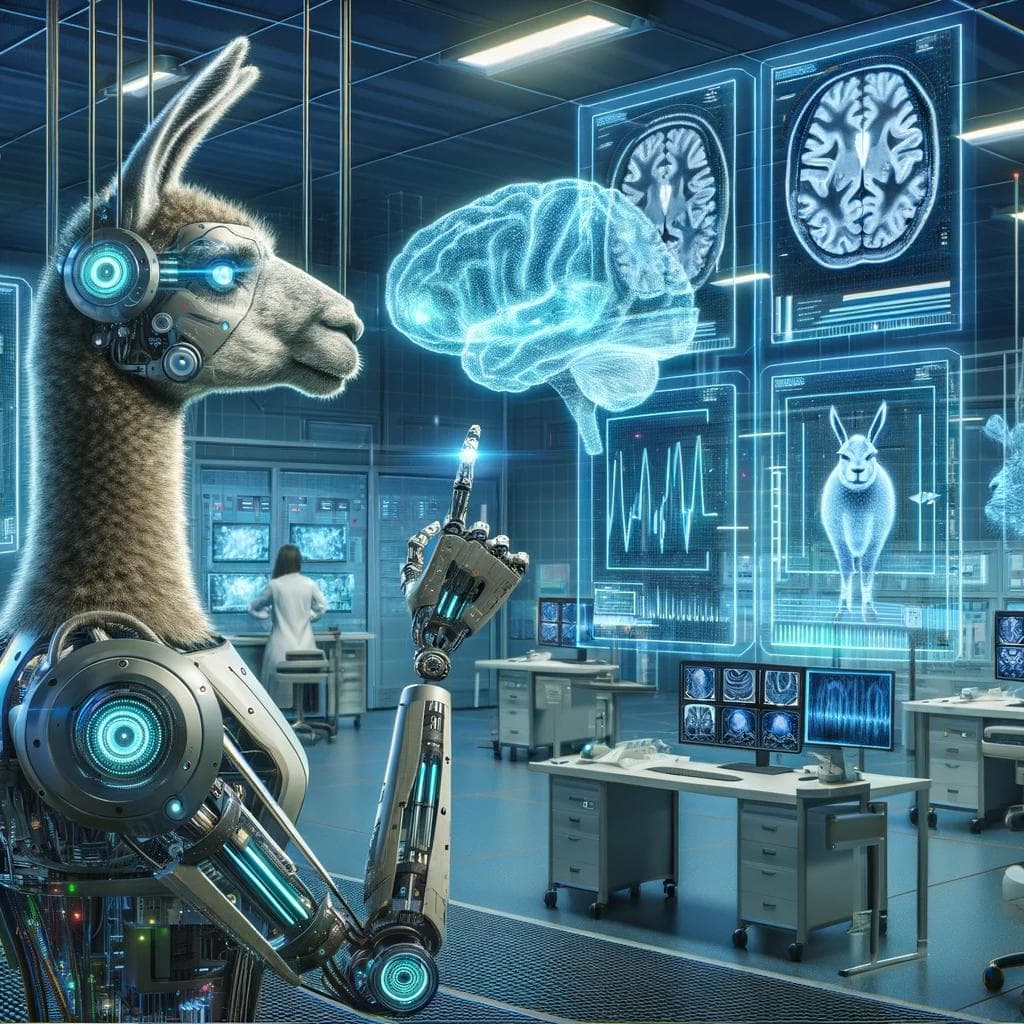 A cyborg Llama analysing a brain scan.